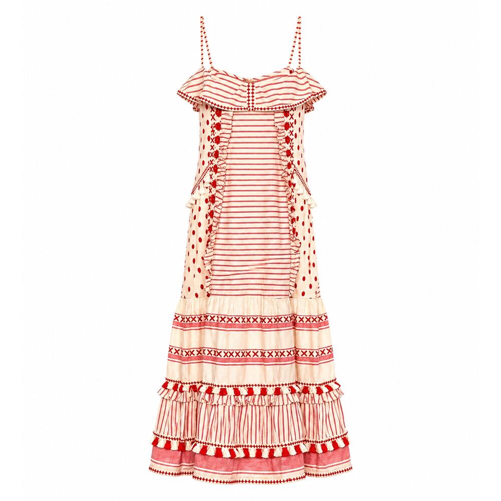 DODO BAR Tan & Red Stripe Polka Dot Ruffle Fringe Maxi Boho Resort Dress S - Picture 1 of 14